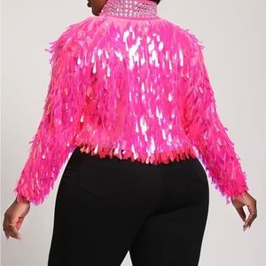 Xpluswear Plus Size Hot Pink Party Reflective Sparkly Iridescent Sequin Jacket